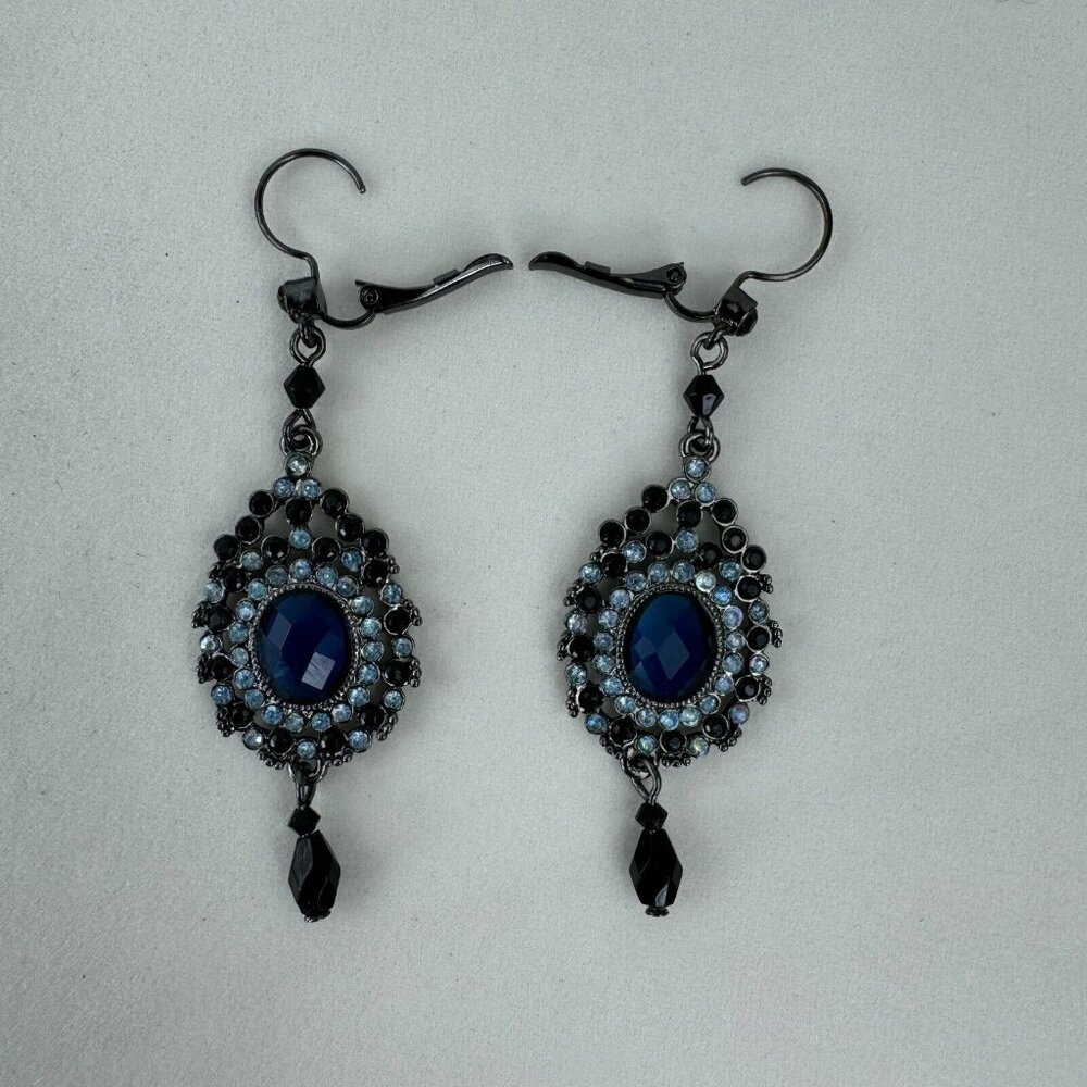 Vintage NR Pendant Necklace Dangle Earrings Set Gunmetal Midnight Blue Metallic - Picture 8 of 16